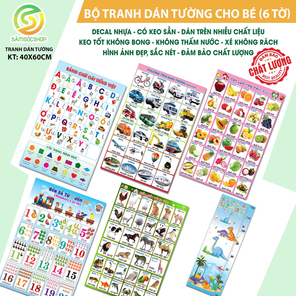 Tranh dán tường cho bé (6 tờ: chữ cái, đếm số, con vật, trái cây, giao thông, thước) Decal NHỰA, KEO tốt dán mọi bề mặt.