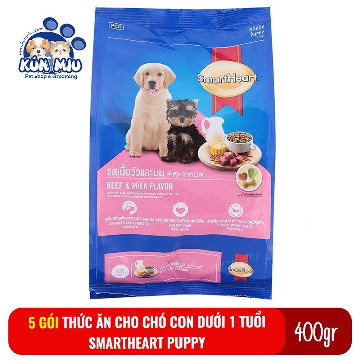 Combo 5 gói Thức ăn cho chó con dưới 1 tuổi Smartheart Puppy 400g