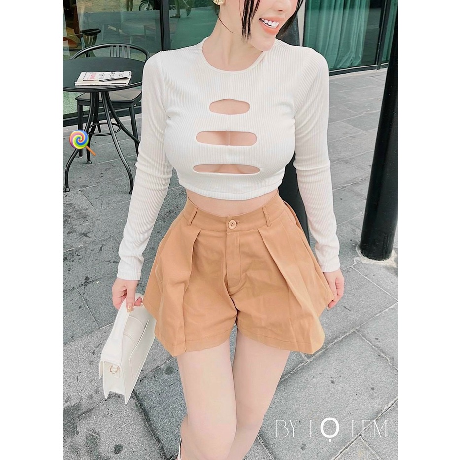 Áo kiểu croptop tay dài cổ tròn cắt 3 đường ngực cực sexy , chất gân 2 lớp dày dặn alohashop91