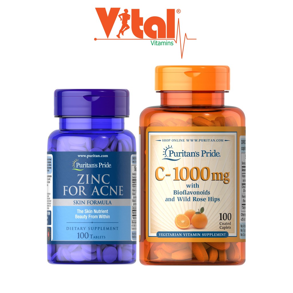 Combo Hoàn Hảo Ngừa - Giảm Mụn, Làm Mờ Vết Thâm Zinc for Acne & Vitamin C-1000mg