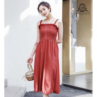 Váy đầm 2 dây suông dài chun bèo hở vai cúc ngực dọc thời trang tiểu thư nhã nhặn ulzzang Hàn Quốc hè thu đông 2020
