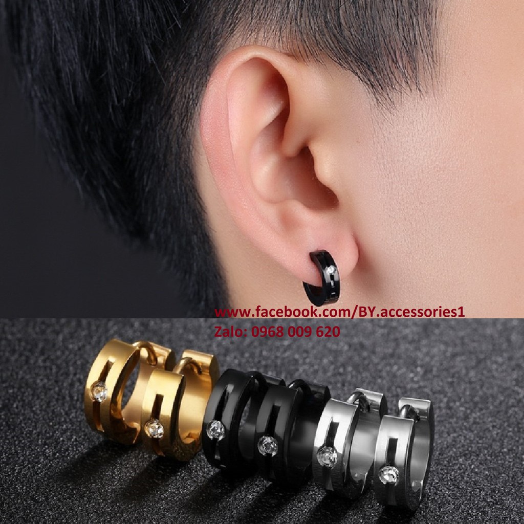 Khuyên tai titan tròn unisex đính đá không đen không gỉ