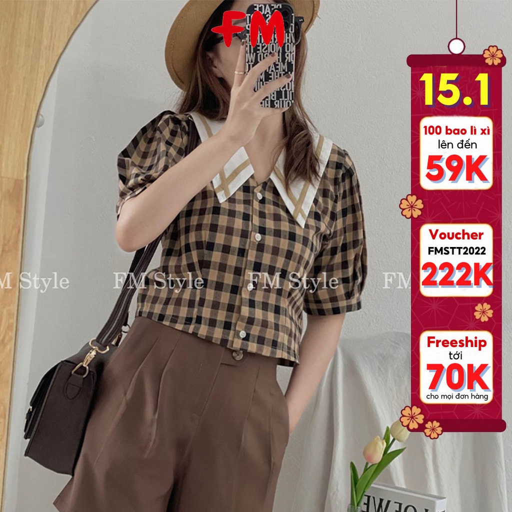 Áo kiểu nữ dễ thương FM Style cổ vest tay ngắn dáng croptop chất cotton xuất xịn phong cách Ulzzang Hàn Quốc 210813310