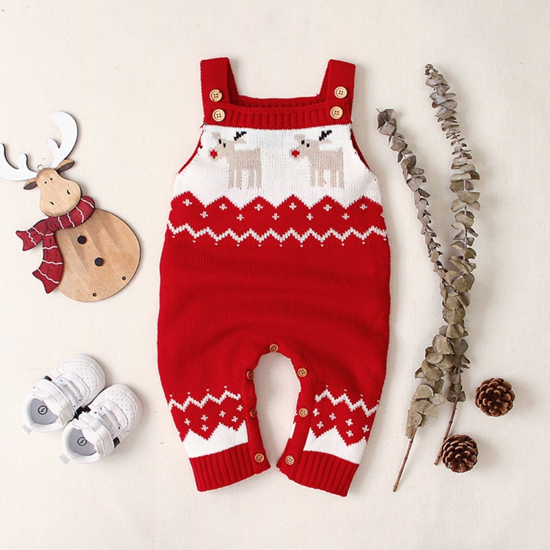 Bộ áo liền quần dệt kim họa tiết tuần lộc hoạt hình phong cách giáng sinh cho bé