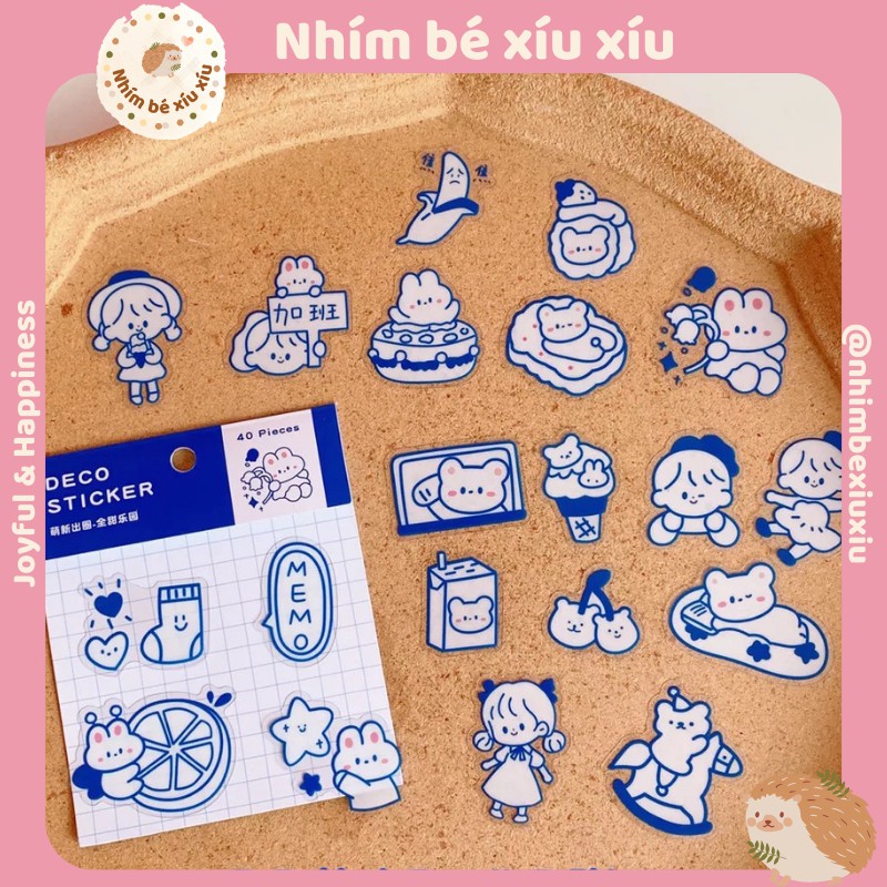 Set 40 sticker viền xanh THỎ TAI HỒNG chống thấm nước Deco Sticker Mr.Paper VT363