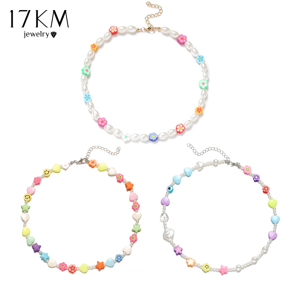 Vòng cổ choker 17KM xỏ hạt ngọc trai nhiều màu hình bông hoa mặt cười ngôi sao
