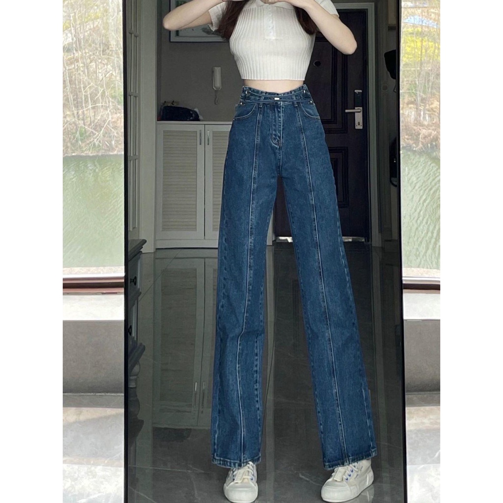 Jiashucheng Hàng Có Sẵn Quần Jean Ống Rộng Lưng Cao Kiểu Năm Mới