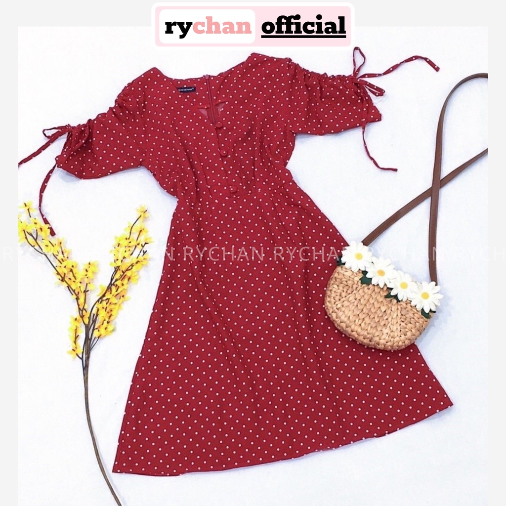 Đầm Đi Biển Họa Tiết Chấm Bi Cổ V Tay Ngắn Rút Dây Nút Trước Tôn Dáng Đen Đỏ [ẢNH THẬT CUỐI] - DX9946