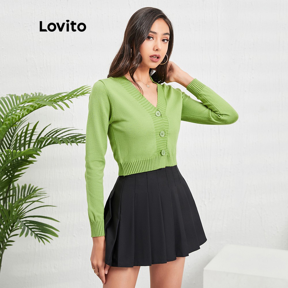 Áo khoác phong cách giáng sinh cổ chữ V màu trơn cơ bản phong cách thường ngày Lovito L07092 (màu xanh lá/trắng) | BigBuy360 - bigbuy360.vn