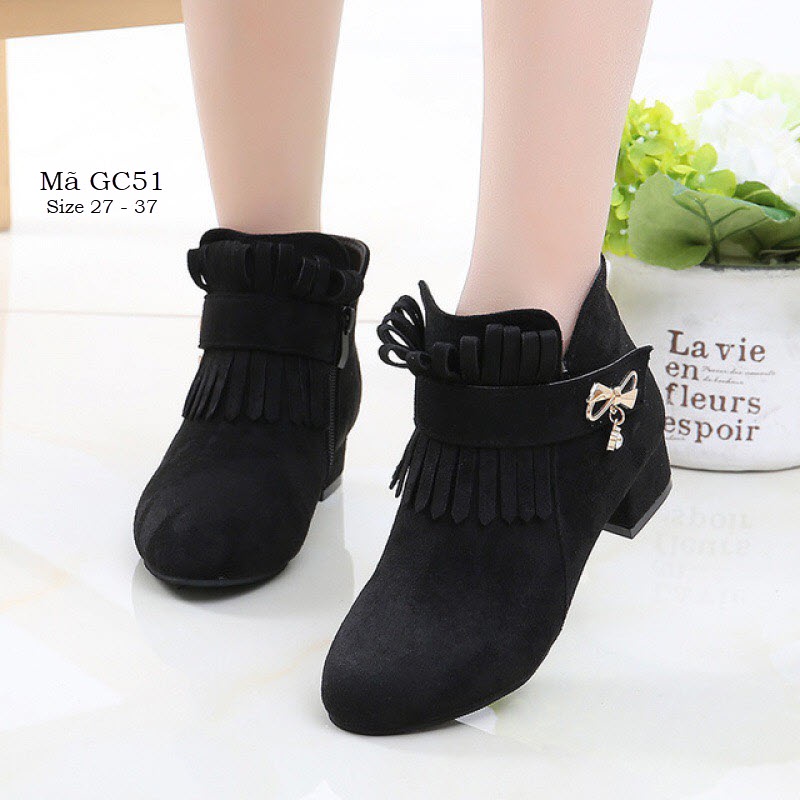 Bốt cao gót cho bé gái 3 - 12 tuổi da lộn màu đen thời trang phong cách Hàn Quốc GC51