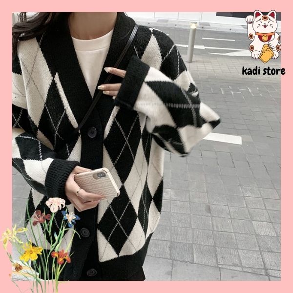 (ORDER) ÁO LEN NỮ DÀI TAY, ÁO LEN CARDIGAN CỔ V KẺ CARO PHONG CÁCH HÀN QUỐC