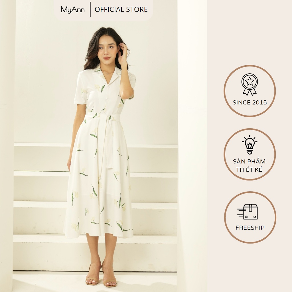Váy dáng xòe ôm eo MyAnn Margaret, họa tiết hoa tulip trắng, thiết kế cổ vest thanh lịch sang trọng (280622)