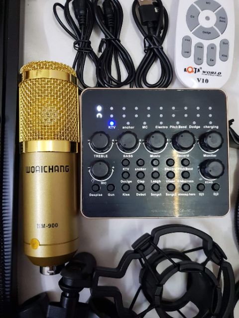 combo míc hát thu âm livestrean karaoke online micro bm900 card v10 màng lọc chân kẹp míc