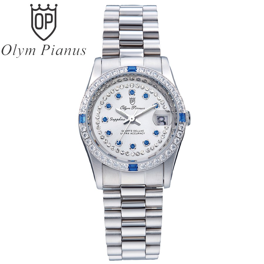 Đồng hồ nữ dây kim loại Olym Pianus OP68322 OP68322DLS trắng hạt xanh