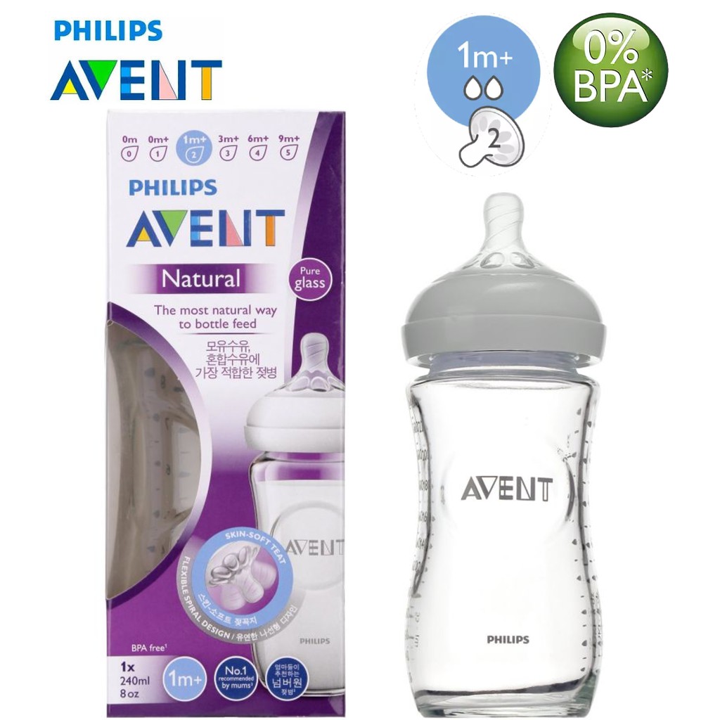 Bình sữa thủy tinh hiệu Philips Avent dòng mô phỏng tự nhiên dung tích 240ml SCF673/13 cho trẻ từ 1 tháng tuổi trở lên