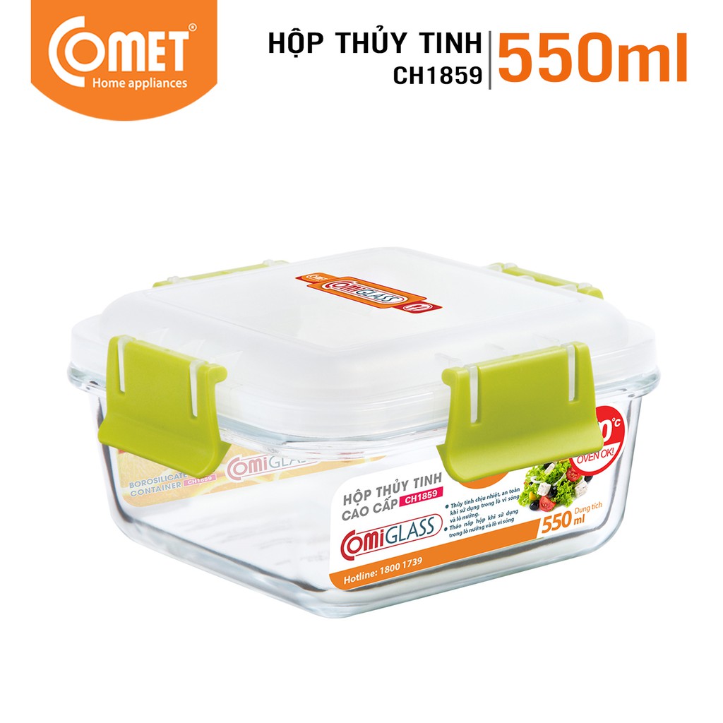 [Mã LIFECOMET05 giảm 10% tối đa 50K đơn 100K] Hôp đựng thực phẩm thuỷ tinh 550ml Comet CH18-59 (hộp vuông)