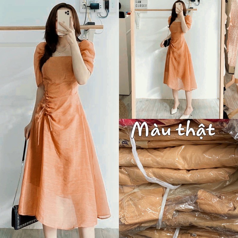 Đầm trễ vai tay phồng rút hông 4 màu | BigBuy360 - bigbuy360.vn