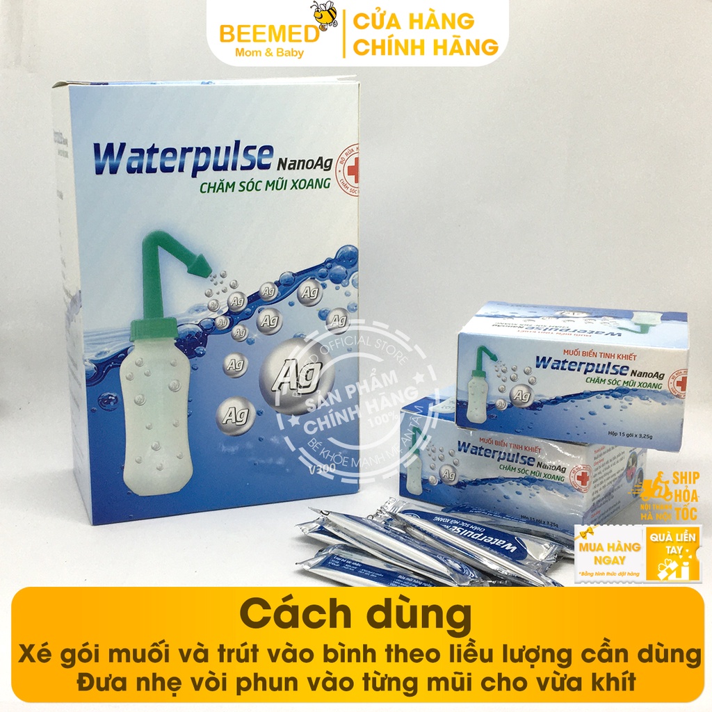 Bình rửa mũi Waterpulse cho người lớn và bé - Rửa sạch vệ sinh mũi xoang từ muối biển tinh khiết có thêm Nano bạc