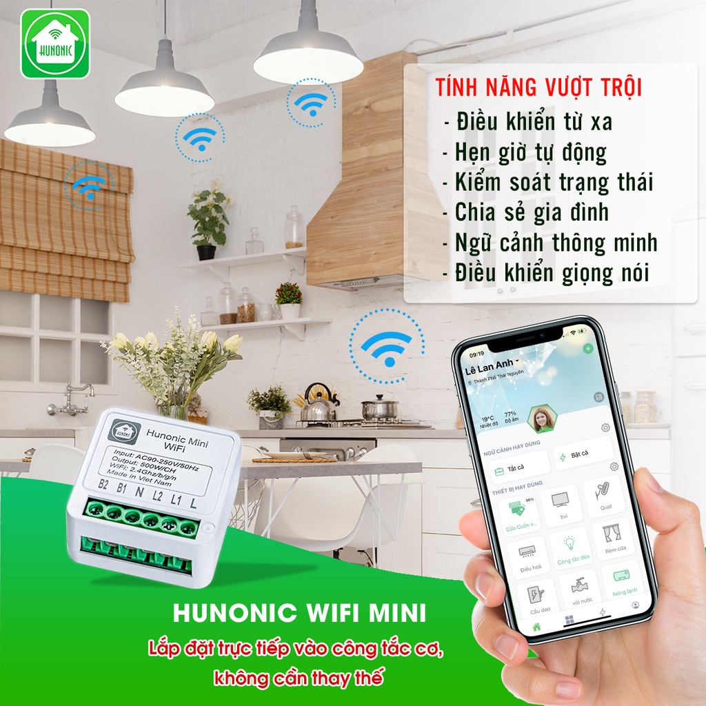 Công tắc thông minh Hunonic Wifi Mini - Hàng Chính hãng