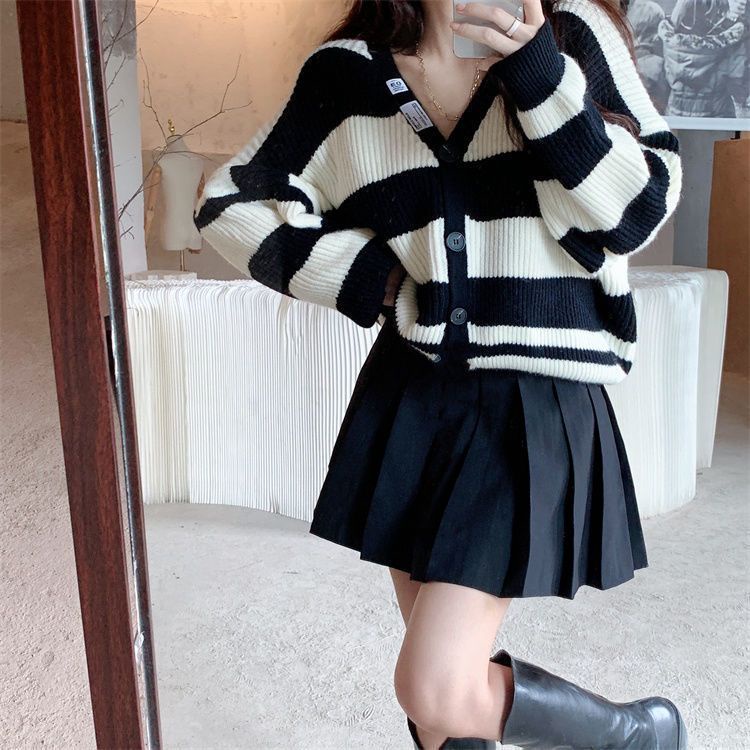 Jiashucheng Áo Khoác Cardigan Dệt Kim Tay Dài Dáng Rộng Họa Tiết Kẻ Sọc Phong Cách Retro Nhật Bản