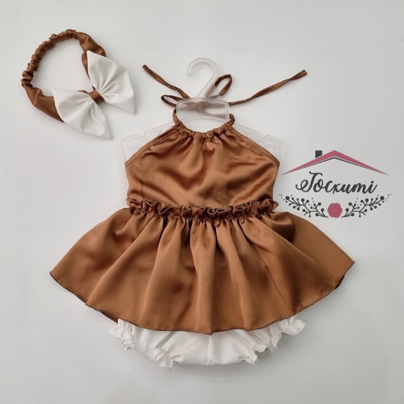 Set bộ yếm lụa nơ lưng nâu tây cao cấp siêu cưng - Tocxumi