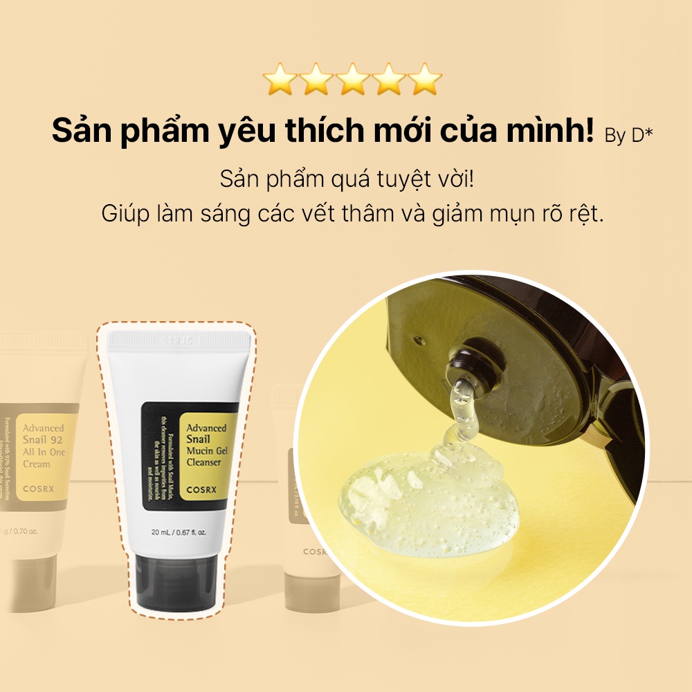 Bộ 4 sản phẩm COSRX tinh chất nhầy ốc sên gồm sữa rửa mặt 20ml kem ốc sên 20ml tinh chất 30ml kem dưỡng da mắt 5g