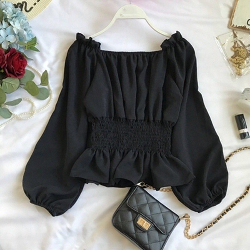 Korean women's chiffon blouse with long sleeves and off shoulder style