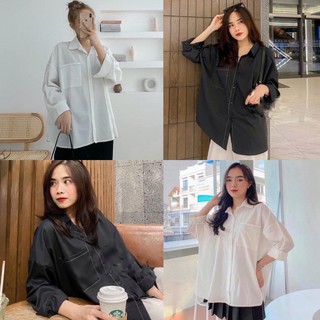 Áo sơ mi nữ dài tay oversize viền chỉ nổi dáng rộng, Áo sơ mi nữ tay dài form rộng phong cách Hàn Quốc