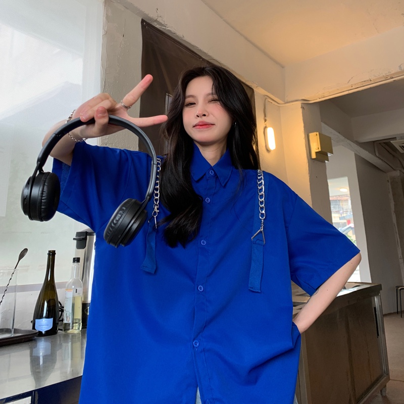 【ZHELIHANGFEI】Áo Sơ Mi Tay Dài Dáng Rộng Màu Xanh Klein Dễ Phối Đồ