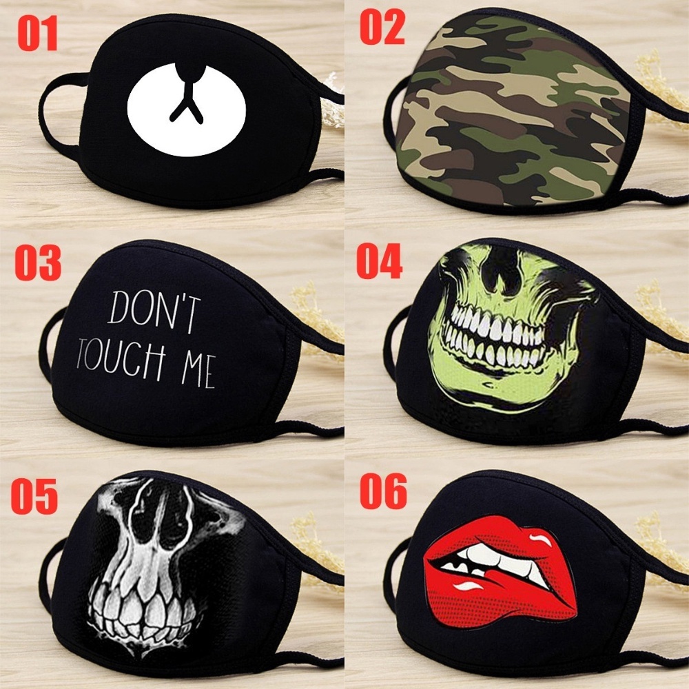 Khẩu Trang Đen Chống Bụi Chất Liệu Cotton In Hình Đầu Lâu 6 Kiểu Unisex