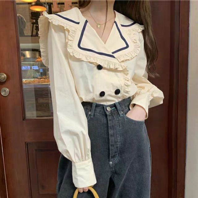 (có ảnh thật) Áo sơ mi cổ vest thủy thủ tay phồng ulzzang order