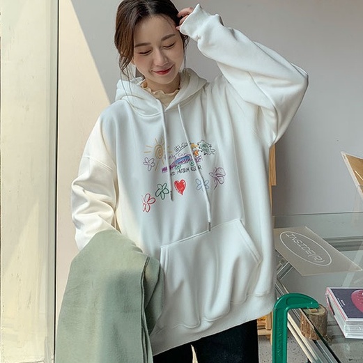 Áo Hoodie Dáng Rộng In Chữ Graffiti Dễ Phối Đồ