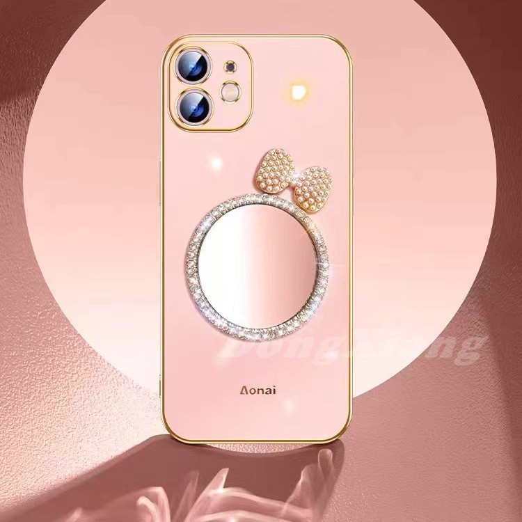 Ốp Điện Thoại Mềm Gắn Gương Trang Điểm Đính Nơ Chống Sốc Cho iPhone Xs Max 6 Plus 6S 7 8Plus