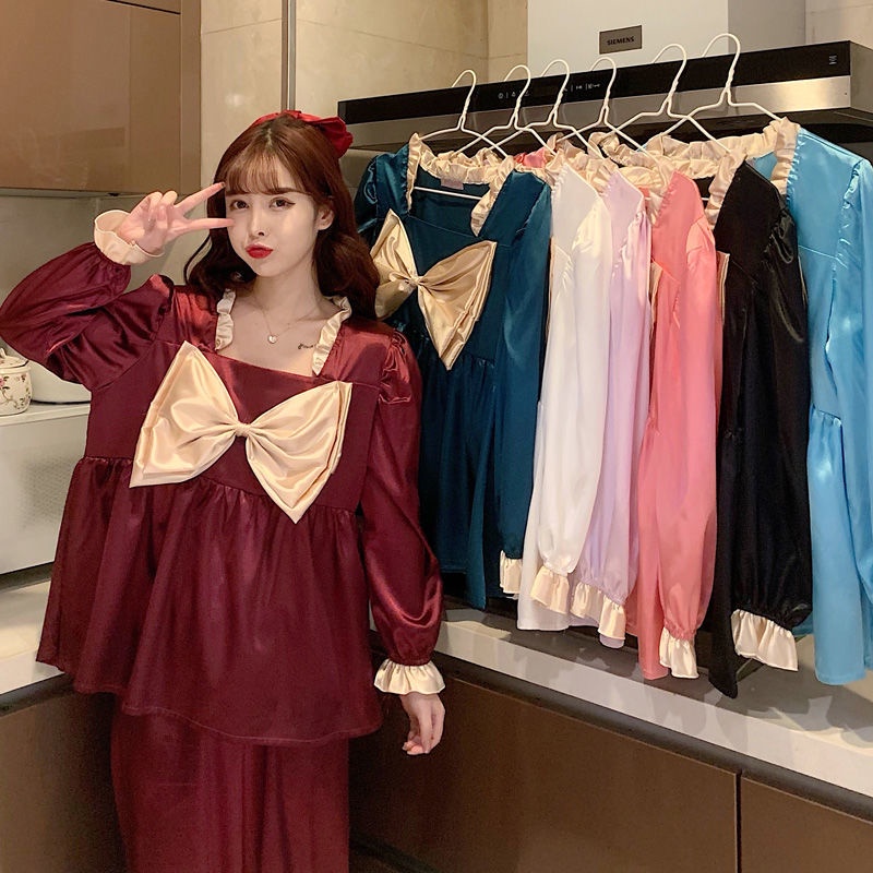 Bộ đồ ngủ pijama lụa băng dài tay mỏng phần nơ Hàn Quốc dễ thương ngọt ngào có thể mặc bên ngoài phục vụ tại nhà
