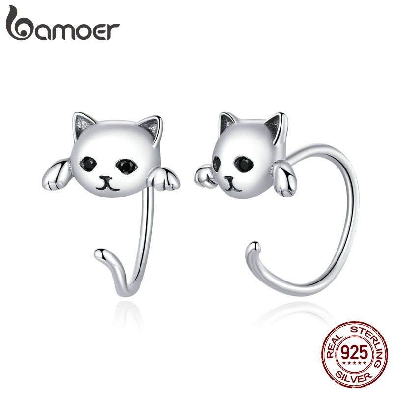 Bông tai Bamoer SCE965 chất liệu bạc 925 hình mặt mèo phối đuôi ngộ nghĩnh thời trang cho nữ