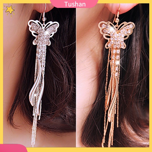 Đôi khuyên tai tua rua dài hình bươm bướm đính đá thời trang cho nữ