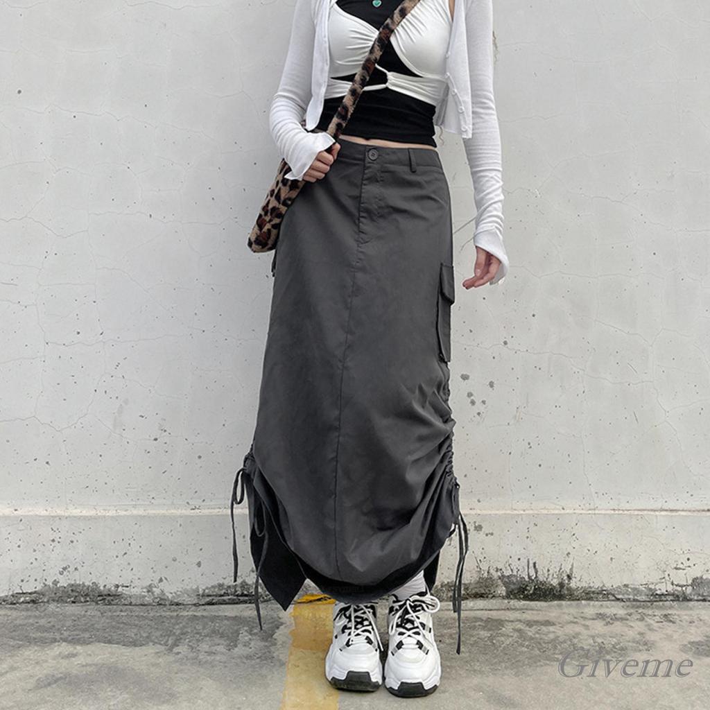 Chân Váy Dài Dáng Rộng Màu Trơn Dây Rút Tùy Chỉnh Thời Trang Mùa Hè Cho Nữ