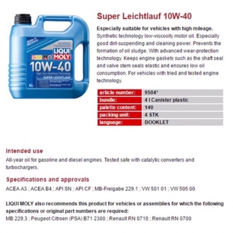 Dầu nhớt tổng hợp công nghệ cao Liqui Moly Super Leichtlauf 10W-40 9504 4 lít