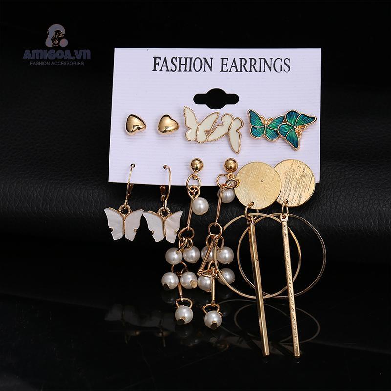 ✨✨Bộ Khuyên Tai Hình Học Chữ C Đính Ngọc Trai Đơn Giản