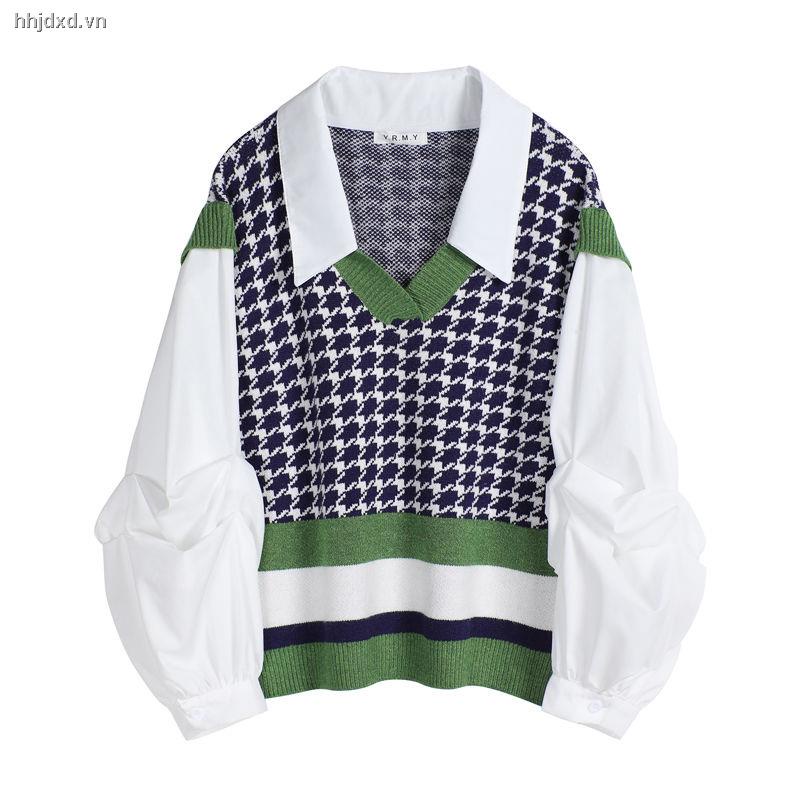 Áo sweater dệt kim tay phồng giả hai lớp họa tiết kẻ sọc dành cho nữ 2021 | BigBuy360 - bigbuy360.vn