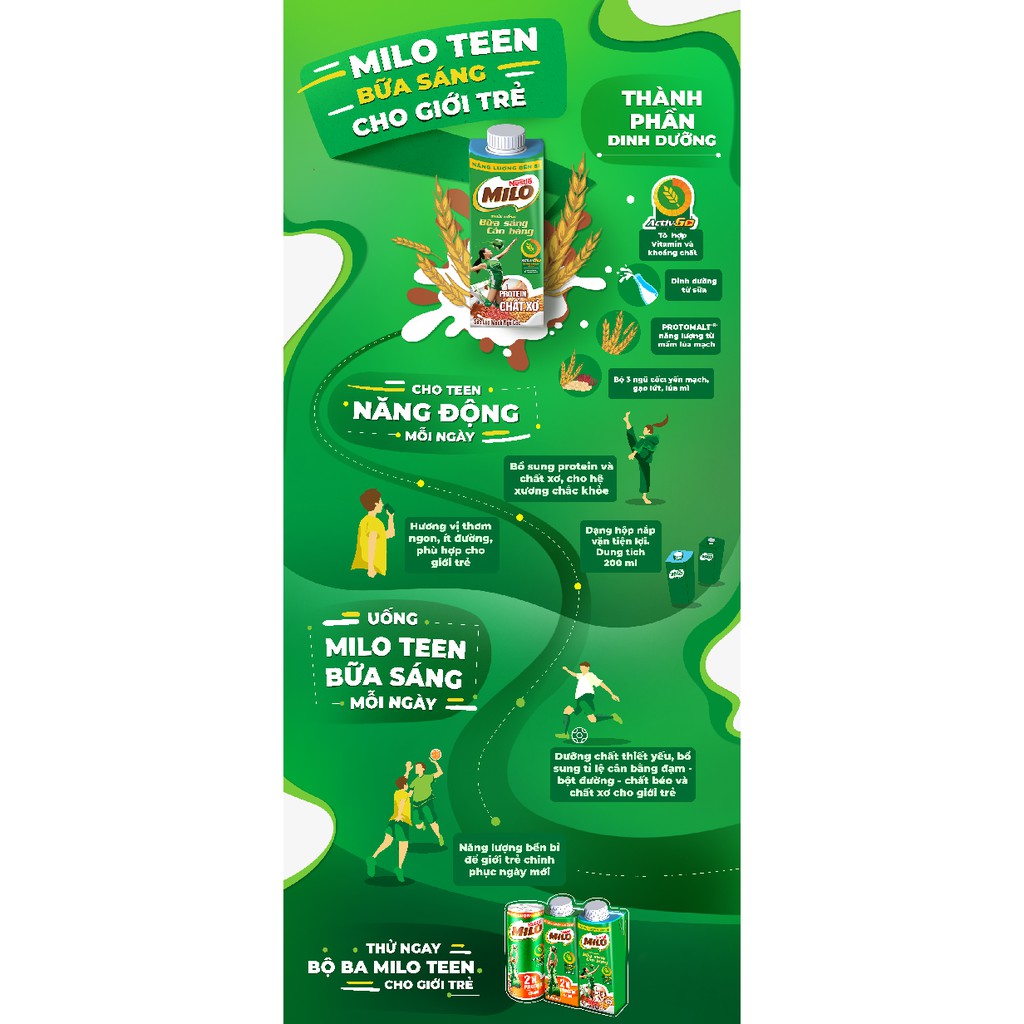 [Tặng Túi thể thao đa năng] Sữa Lúa Mạch Nestlé® MILO® Teen Bữa Sáng Túi 6 hộp 6x200ml