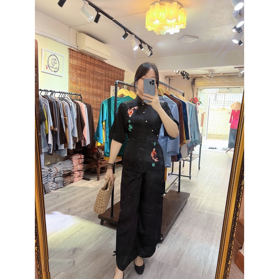Đồ Lam Nữ Đi Chùa - Bộ Đi Lễ Chùa C1 Trang Nhã Thêu Cá Ngọc Xinh Xắn Dành Cho Phật Tử Vải Lụa Tằm mềm mại quần xẻ