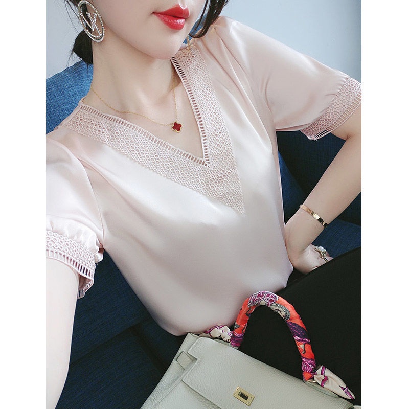 Áo Sơ Mi Chiffon Tay Ngắn Cổ Chữ V Viền Ren Phong Cách Hàn Quốc Hàng Mới Dành Cho Bạn Nữ30%