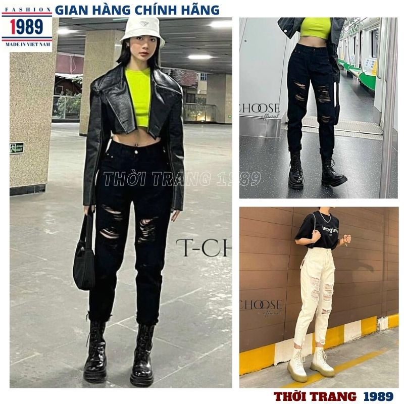 Quần jean nữ lưng cao rách nhiều 2 mầu đen trắng kiểu dáng hàn quốc trẻ chung năng động -PHƯƠNG 1989
