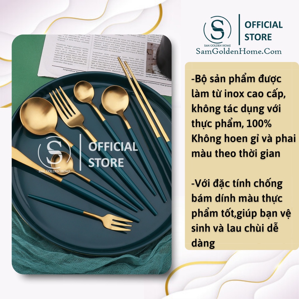 Muỗng Dao Đũa Nĩa Inox Mạ Vàng, Thìa Xanh Lục, Xanh Cổ Vịt Mạ Vàng Sang Trọng Trang Trí Thìa Inox Cao Cấp
