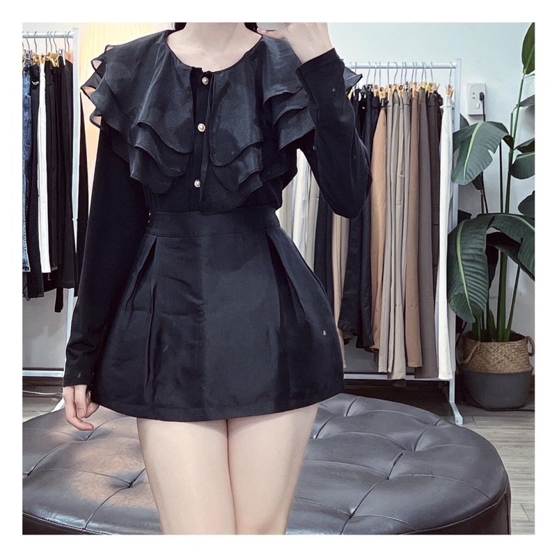 ÁO KIỂU NỮ CỔ LÁ TƠ 3 TẦNG DÀI TAY DÁNG VỪA CHẤT ZIP CO GIÃN HOT HIT