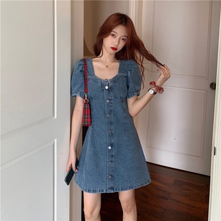 [Hàng order] Váy bò cổ vuông tay bồng - đầm jean chữ A chất đẹp (Hàng Quảng Châu)