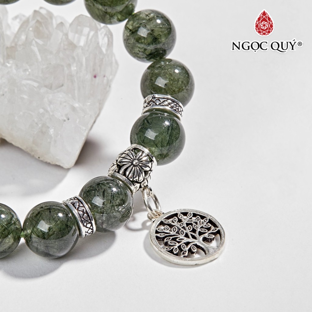 Vòng TA tóc xanh phối charm cây bạc hạt 10mm - Ngọc Quý