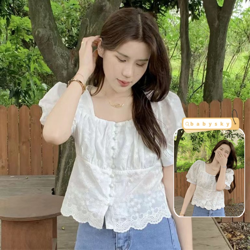 Áo Kiểu Tay Phồng Ngắn Cổ Vuông Thêu Họa Tiết Xinh Xắn Cho Nữ