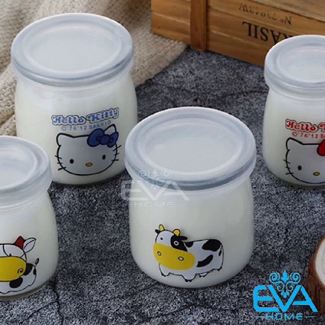 Bộ 6 Hũ Thuỷ Tinh Đựng sữa chua khổng Lồ In Hình Cute 200 Ml